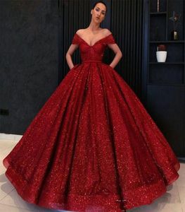 Robes de Quinceanera scintillantes paillettes rouges robes de soirée de bal hors épaule sans manches fermeture éclair dos mode robe de soirée de célébrité9827800