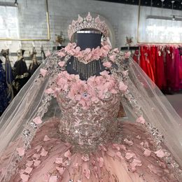 Sparkly Quinceanera -jurken met wrap 3D Flower Appliques Sweet 16 Jurk Glitter Princess Teen Girls Pageant Vestidos de 15 anos