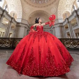 Robes rouges quinceanera scintillantes avec manches amovibles vestido de 15 robe de bal anos filles mexicaines sweet 16 robe de fête d'anniversaire