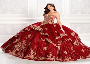 Sparkly Red krolse kantbaljurk Quinceanera -jurken met jas sweetheart nek lovertjes prom -jurken gelaagde sweet 15 dr7540757