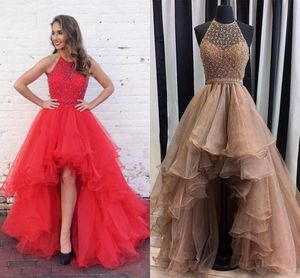 Sparkly Red Champagne Hoge Low Prom Dresses 2018 Top Kralen Organza Avondjurken Vintage Plain Sexy Rits Terug Feestjurk Plus Size