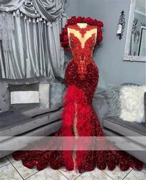 Sparkly Red Diamonds Long Prom Dresses GlitterCrystal Beading Rhinestones pailletten Veren Verjaardagsfeestje Jurk