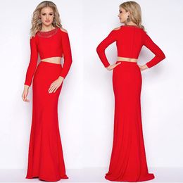 Sirène rouge brillant à manches longues perlée deux pièces robe de bal soutien jupe longue de soirée personnalisée