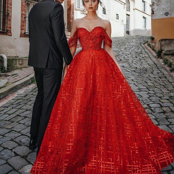 Robe de bal rouge scintillante, épaules dénudées, manches courtes, ligne A, robe de soirée formelle, robe de concours