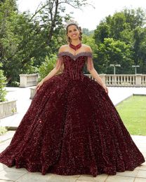 Vestido rojo brillante para quinceañeras, Vestidos de baile con borlas de lentejuelas y hombros descubiertos, dulce 15 16, vestido de fiesta de cumpleaños para niña, Vestidos de graduación