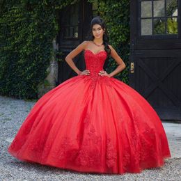 Robes de Quinceanera rouge scintillantes, chérie, perles appliquées en cristal, douce 16 robes de bal, robe de concours, 15 robes XV Anos, 2024