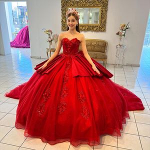 Sparkly Rode Quinceanera Jurken Met Strik Applicaties Kralen Baljurk Elgant Afstuderen Partij Jassen Vestido De 15 Anos