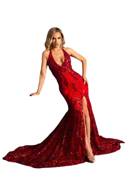 Robes de soirée formelles pailletées rouges scintillantes Sexy Backless Front Slit Halter Sirène Robes d'occasion spéciale Autriche Femme Prom Party Robes