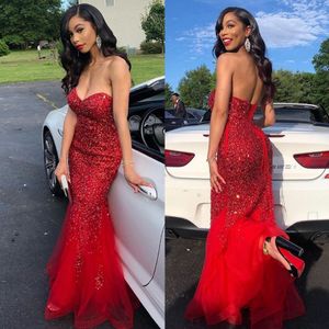 Sparkly Red Lades Mermaid Prom jurken Sweetheart halslijn kralen avondjurken plus maat vloerlengte tule formele jurk 415