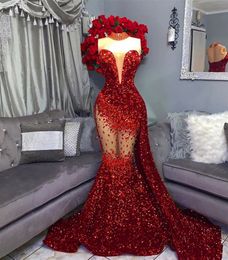 Paillettes rouges scintillantes Robes De soirée africaines Illusion De cristal Robes De Bal perlées Style Aso Ebi Robes De Bal faites à la main