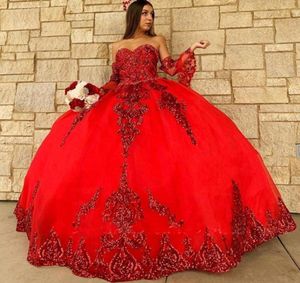 Sparkly Red -pailletten Quinceanera -jurken Sweetheart baljurk Sweet 16 Prom -jurken Vintage Pageant feestjurk Mexicaans Vestido de 17480374