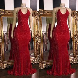 Sparkly Red Sequinssexy V Neck Backless Prom Dresses 2024 Halter Mermaid Long Prom Jurken Low Back Arabic Party Dress Vestidos de Mariee