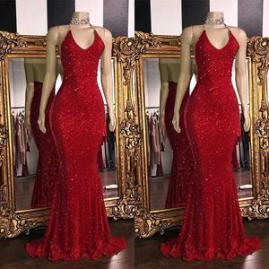 Sparkly Red Sequinssexy V Neck Backless Prom Dresses 2024 Halter Mermaid Long Prom Jurken Low Back Arabic Party Dress Vestidos de Mariee