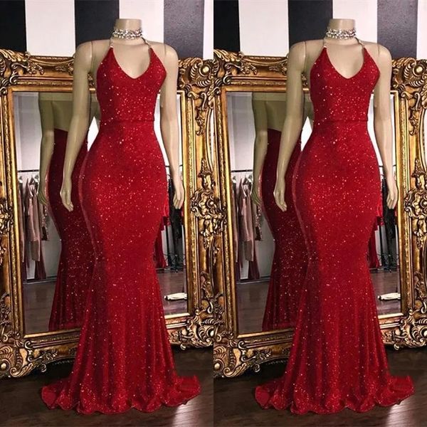 Sparkly Red Sequinssexy V Neck sans dos Robes de bal sans dossier 2024 Halter Sirène longue Robes de bal Low Back Arabe Party Robe Vestidos de Mariee YD