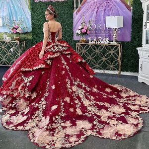Vestido para quinceañeras de lujo con tirantes finos, rojo brillante, vestido de baile Charro mexicano, apliques de flores, vestido de cuentas, 2024