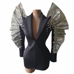 Brillante Rhinestes Mangas exageradas Chaqueta negra Cantante sexy Bailarina Discoteca Traje de baile de jazz Performance Show Wear Feiji M1CS #