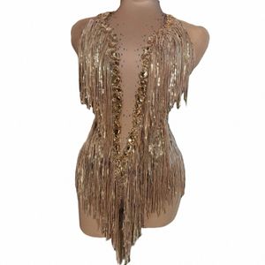 Sparkly Rhinestes Franges Justaucorps Sexy Gland Body Jazz Costume De Danse D'une Seule Pièce Stage Wear Danseur Performance Show Y3MW #