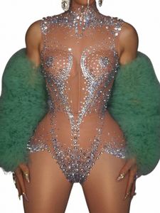 Sparkly Rhinestes Leotard para mujeres Sexy Mesh See Through Dance Performance Costume Singer Dancer Stage Body Club Wear 83Mk #