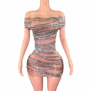 Sparkly Rhinestes Short Dr voor vrouwen sexy off-shoulder zie door de avond vier verjaardag Dr. Photo Shoot Stage Wear Y578#