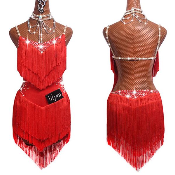 Strass scintillants Robes de danse latine pour les femmes S-L Rouge Sexy Salsa Fringe Jupe Robe de soirée Concours de salle de bal Clothes288C