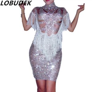 Strass scintillants Sexy justaucorps robe glands une pièce robe femmes chanteur discothèque Bar Costume fête célébration scène porter