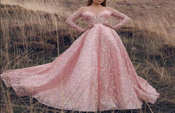 Robes de soirée rose scintillantes paillettes d'or à manches longues de luxe robe de bal fendue sur le côté haut avec train détachable longue fête formelle Go7901864