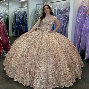 Glitter roségouden baljurk Quinceanera jurk met strik Sweetheart appliqué kraal kristal verjaardagsfeestje Sweet 15 vestidos de 15 anos