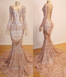 Sparkly Rose Gold Mermaid Lange Mouw Prom -jurken 2020 Modest Vneck luxe pailletten Fishtail African Accound Account Evening Ghowns1589070