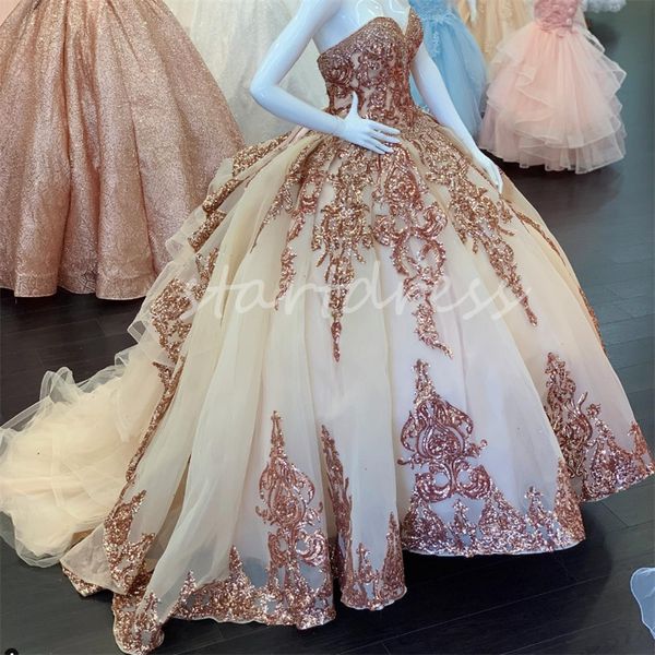 Robes de Quinceanera scintillantes en or Rose, princesse chérie, robes de 15 ans, seize anniversaires, paillettes, doux 16 quinze XV, robe débutante, Corset, robe de bal, 2024