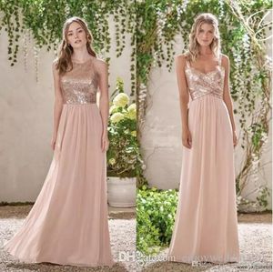 Sparkly Rose Gold Lades Bruidsmeisje jurken 2020 Lange chiffon halter Een lijnbanden ruches blush roze bruidsmeisje bruiloft gues273h