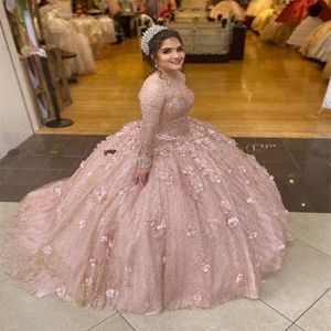 Sparkly Rose Gold -pailletten baljurk Quinceanera jurken bruidsjurken lange mouw zoete 16 jurk Vestidos de xv a os anos 291p