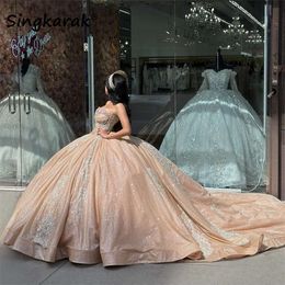 Sparkly roségouden lieverd Quinceanera jurken glitter ball jurk appliques kristallen kralen zoet 15e jurk prom party