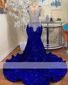Sparkly Royal Blue Diamonds Mermaid Prom 2024 Paillettes Paillettes Dentelle Sheer Tulle Perle Cristal Strass Robes De Fiesta Robe De Soirée Formelle 0221