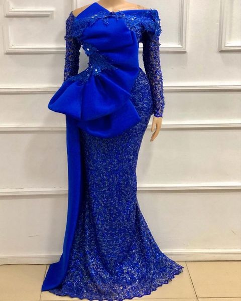 Sparkly Royal Blue Evening Pageant Robes avec manches longues Big Bow Dentelle Paillettes Sirène Arabe Dubai soirée￩e de mariage Occasion Robe de bal