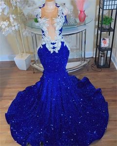 Sparkly Royal Blue Long Prom For Black Girls Sheer Sequins Birthday Party Robes African Sirène Robe de robe de soirée