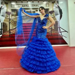 Sparkly Royal Blue Mermaid Prom Dress Appliques di paillettes Ruffles Eleganti abiti da festa di laurea Robe De Mariage su misura