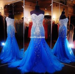 Sparkly Royal Blue Mermaid Robes Prom 2019 Robe de Sobere Rhinestone Crystals Robes de soirée Robes de fête longues6611248