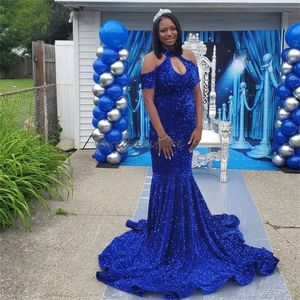 Robe de soirée à paillettes bleu royal scintillante 2023 avec manches élégante sirène filles noires robes de bal grande taille formelle fête d'anniversaire robes de bal Aso Ebi 2023