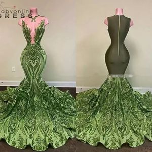 Sparkly Sequin Olive Green Mermaid African Prom Dresses Black Girls Long Graduation Dress Plus Size Formal Evening Gowns DHL