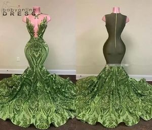 Sparkly Pargine Olive Green Mermaid African prom jurken Black Girls Long Graduation Dress Plus Size Formal Evening Jurts1656361