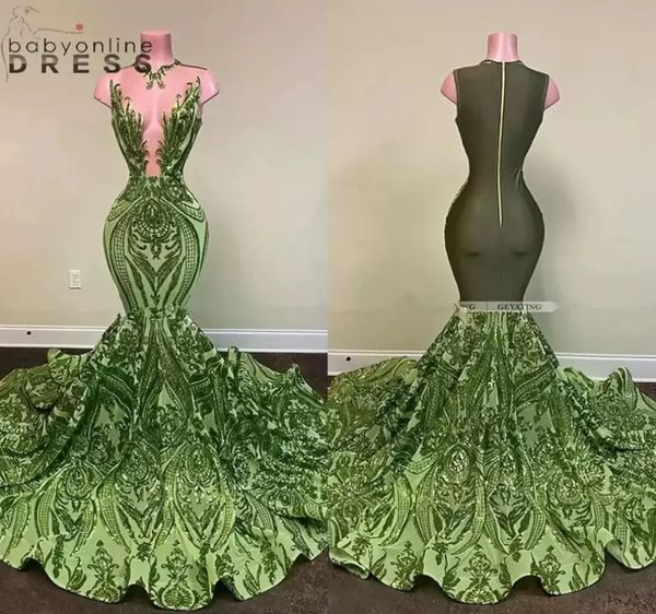 Vestidos de fiesta africanos de sirena verde oliva con lentejuelas brillantes, vestido largo de graduación para niñas negras, vestidos de noche formales de talla grande, nuevo