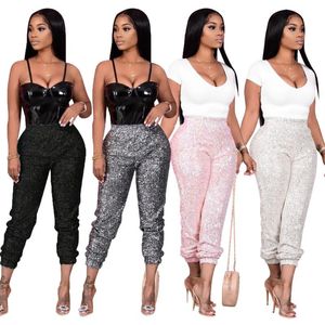 Paillettes scintillantes Patchwork femmes crayon pantalon femmes noir/gris élastique taille haute fête pantalon Sexy femme boîte de nuit Bling bas