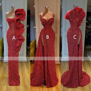 Sparkly Parnin Red Long Evening Jurken 2020 Mermaid Mouwlevess Sexy High Side Slit African Black Girls Formal Party Prom Jurk 2826