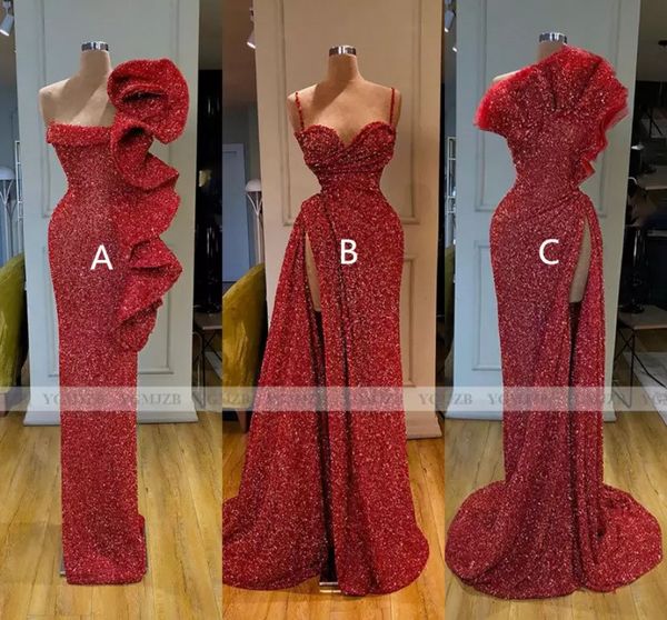 Sparkly Sequin Red Long Night Robes Sirène Sans manches Sexy High Side Slit African Black Girls Form Form Prom Prom Robe BC15462