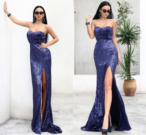 Sparkly Lovertjes Donkere Marine Avondjurken Hoge Kant Split Floor Lengte Prom Dress Formele Partij Jurken Goedkope Jurken Avond Draag Vestidos