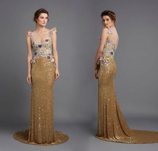 Robes de soirée à paillettes scintillantes hamda al Fahim Sheer Jewel Coule Floral appliquée Robes de bal balayez le trou de serrure du trou de serrure Dres4898649