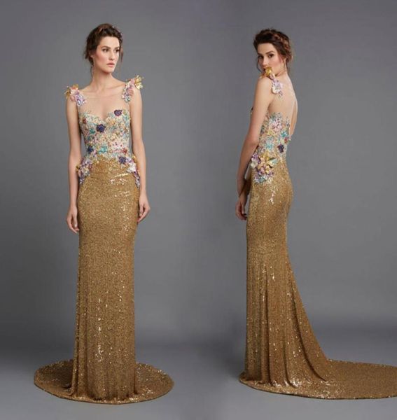 Robes de soirée à paillettes scintillantes Hamda Al Fahim pure bijou cou floral appliqué robes de bal balayage train trou de serrure dos soirée Dres1355576