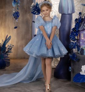 Robes de fleurs à paillettes à paillettes scintillantes Robe de fête d'anniversaire en tulle bleu gonflé