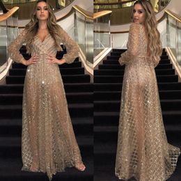 Sparkly Sequined Gold Avondjurken met Diepe V-hals plooien Lange Mouwen Mermaid Prom Dress Dubai Afrikaanse Party Gown Runway Momenteel Jurk