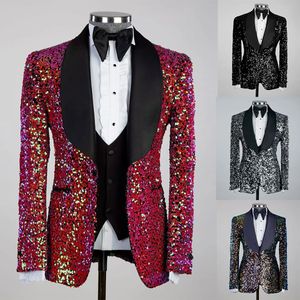 Sparkly Lades Men Tuxedos Set Slim Fit 3 stuks enkele borsten sjaals revers Outfits Wedding Tuxedos Black Pants